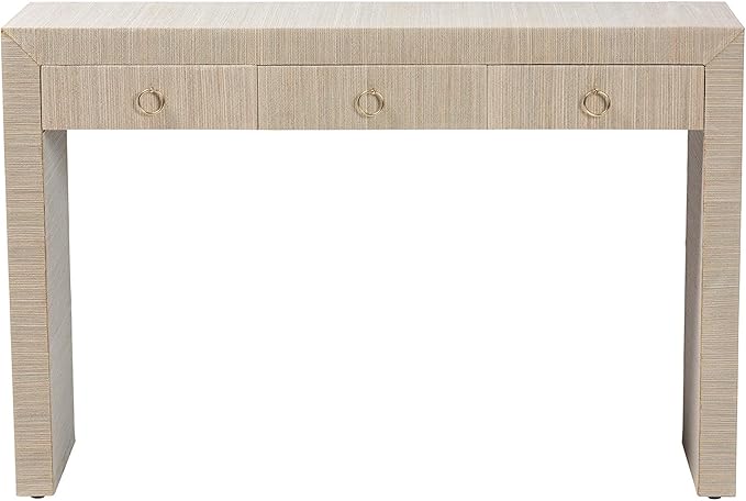 bali & pari Cielo Bohemian Woven Natural Grasscloth 3-Drawer Console Table - Image 5
