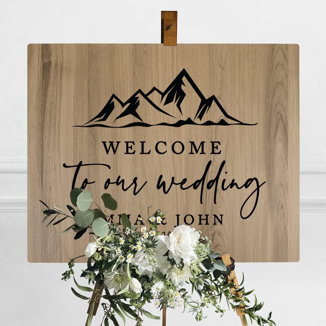 Andaz Press Large Wooden Welcome Sign for Wedding, Rustic Welcome Sign 16" x 20" Custom Names Mountain Woodland Wedding Signage English Oak MDF Wood Finish Wedding Reception Indoor Outdoor Signs