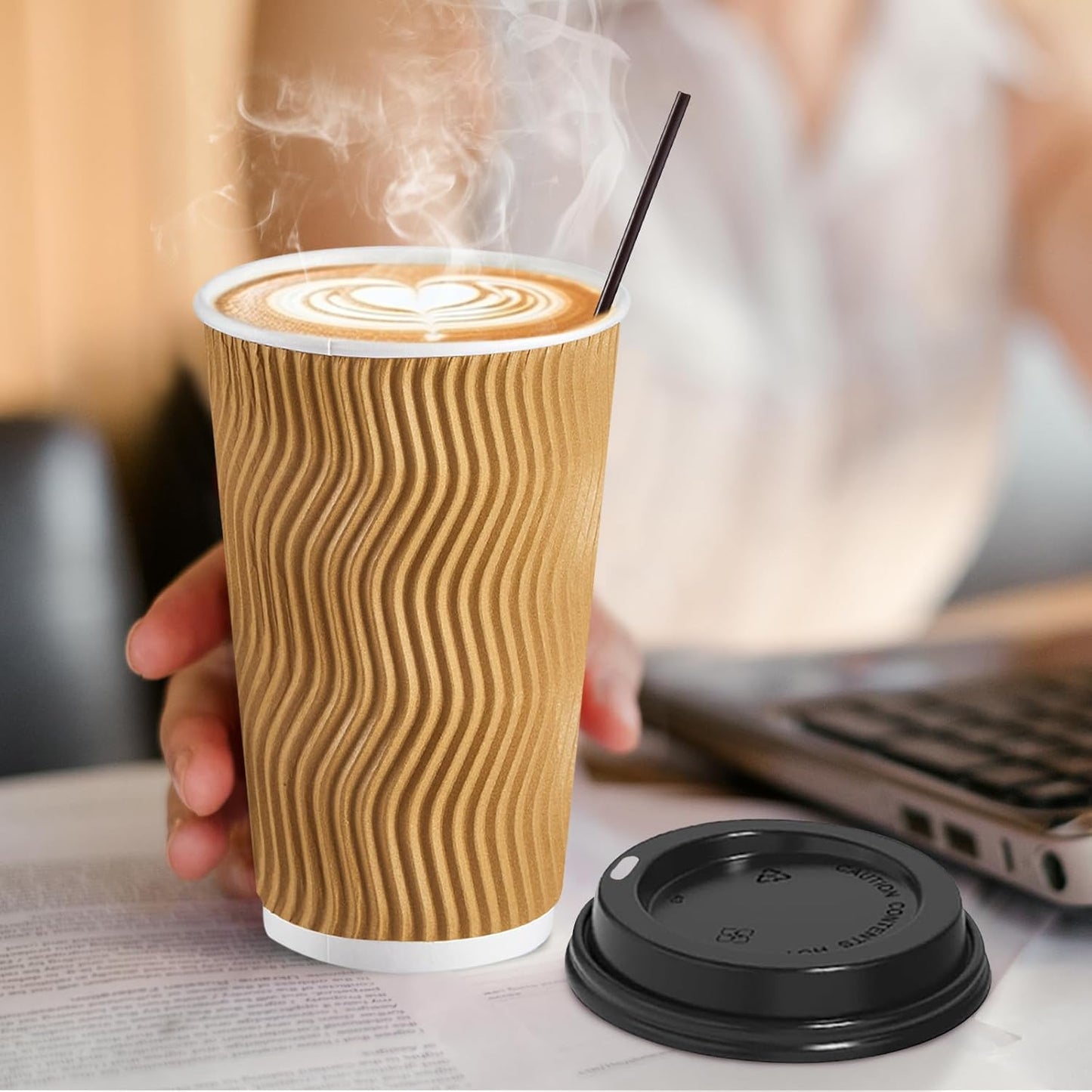 SIUQ 16 oz Coffee Cups-90 Pack Disposable Coffee Cups with Lids and Straws, Insulated Ripple Wall To Go Paper Coffee Cup for Coffee, Juice, Hot Chocolate and Hot Tea Drinks - Champagne