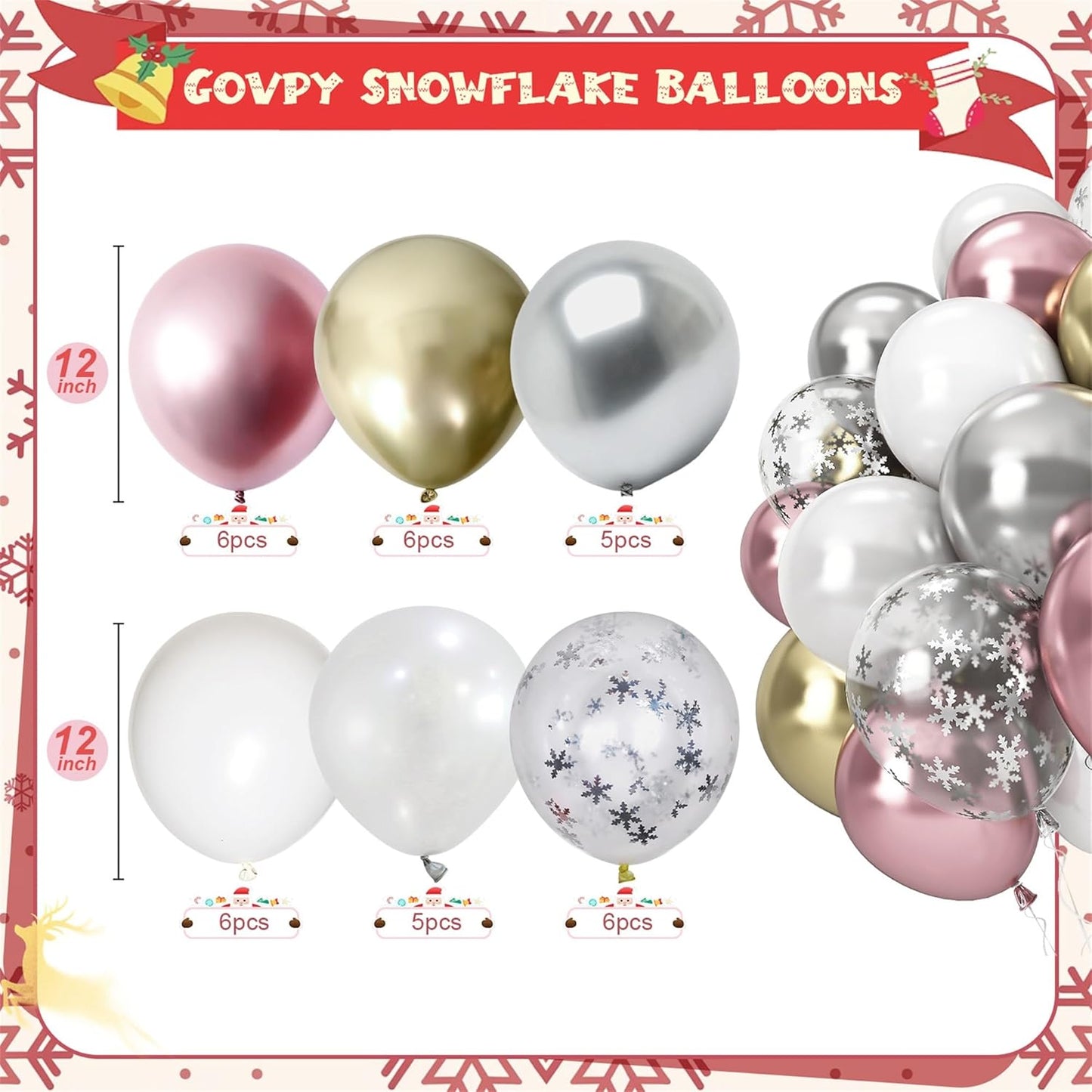 Pink White Winter Wonderland Snowflake Balloons Set, Metallic Light Pink Gold Silver White Snowflake Confetti Balloons for Girl Christmas Birthday Winter Onederland Baby Shower Xmas Party Decorations