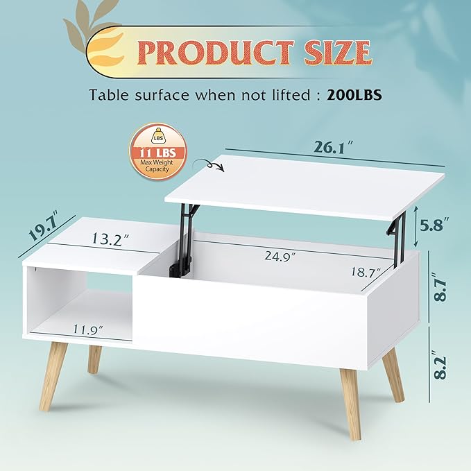 WLIVE Coffee Table for Living Room, Lift Top Coffee Table - Image 3