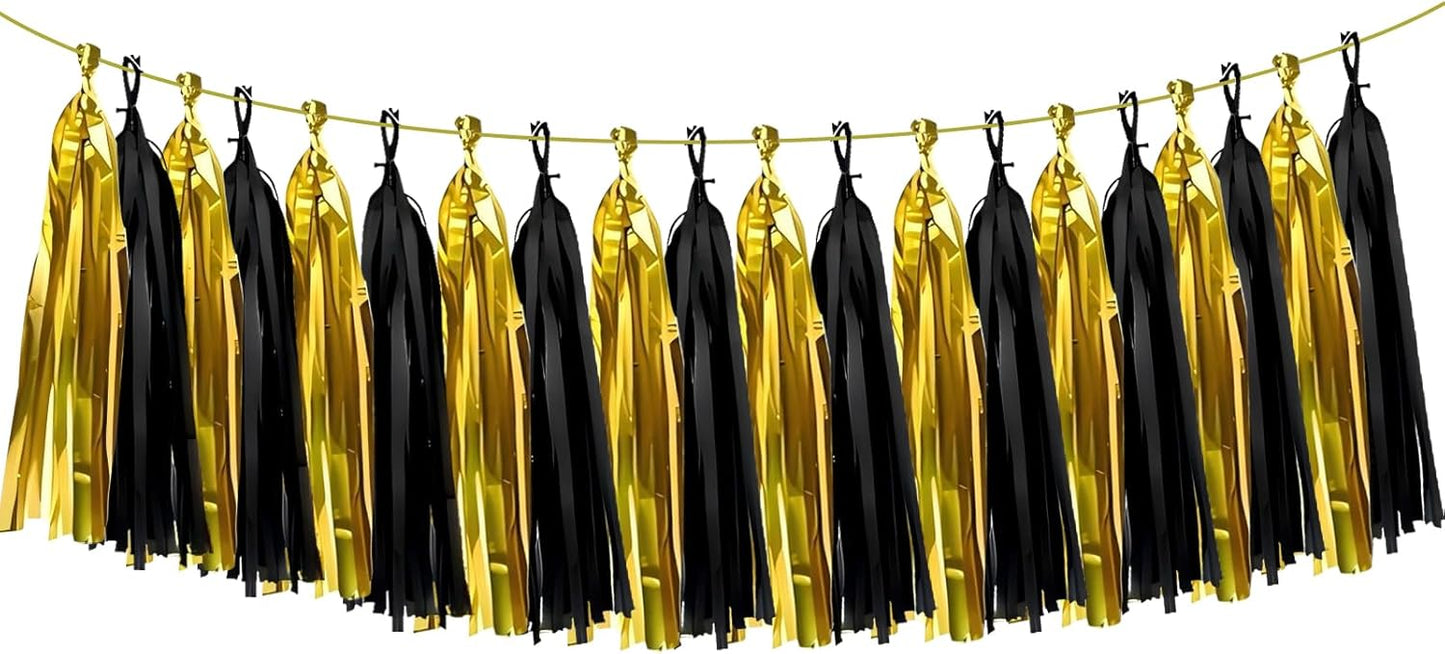 ZOOYOO Shiny Tassel Garland Tissue Paper Tassel Banner Table Decor,DIY Kits for Birthday,Wedding,Bridal Shower,Bachelorette,Graduation,Anniversary,New Year Party Decorations,Pack of 20(Black Gold)