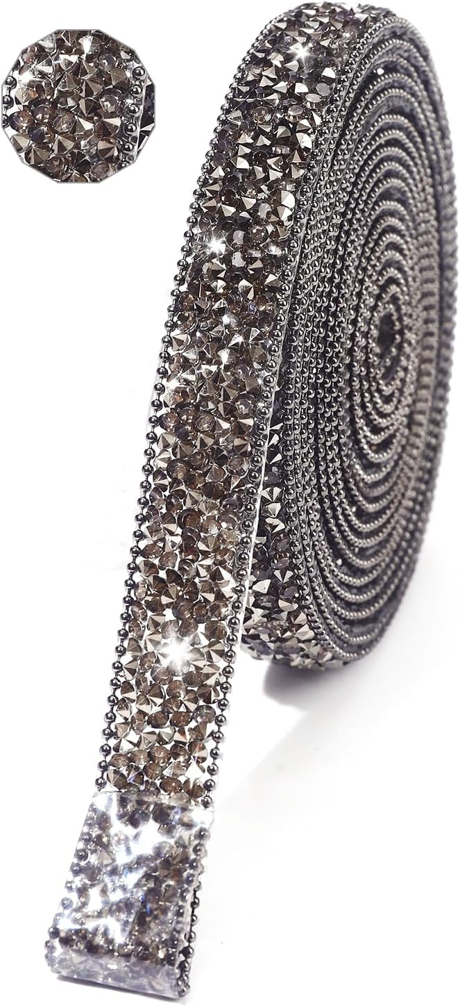 Rhinestone Ribbon 3 Yards Self Adhesive Rhinestone Strips Diamond Ribbon Sticker Crystal Roll Glitter Bling Rhinestones Tape for Crafting DIY Art Decoration (Jet Hematite,0.6 Inch)