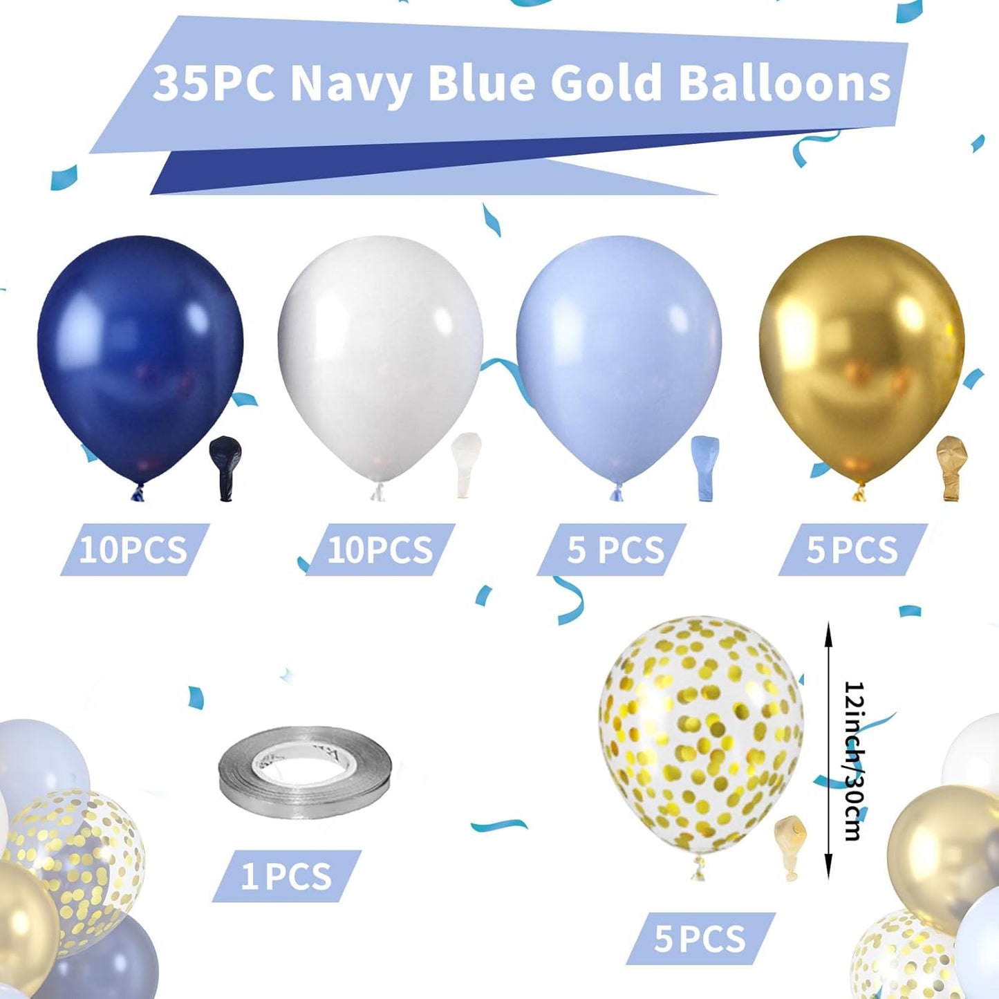Royal Blue and Gold Balloons, Blue and White Gold Balloons, Macaron Navy Golden Confetti Latex Balloon Graduation Balloon for Birthday Wedding Baby Shower Graduations Party Anniversary Engagement