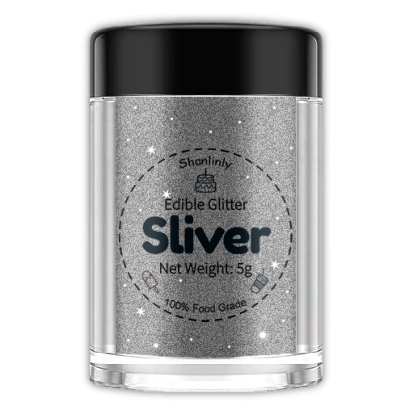 Shanlinly Silver Edible Glitter for Cakes Drinks - Food Grade 5g Shimmer Luster Glitter Dust Edible Glimmer Powders for Strawberries, Sprinkle on Sparkle, Chocolate, Cookie, Cupcake, Cocktail, Vegan