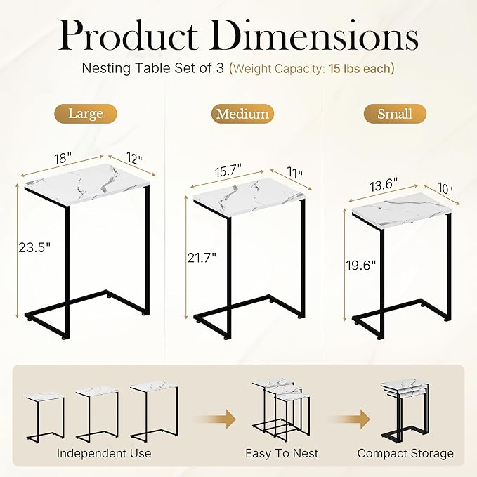 SUPER DEAL Nesting Tables Set of 3, Industrial C Shaped End Table Stackable - Image 3