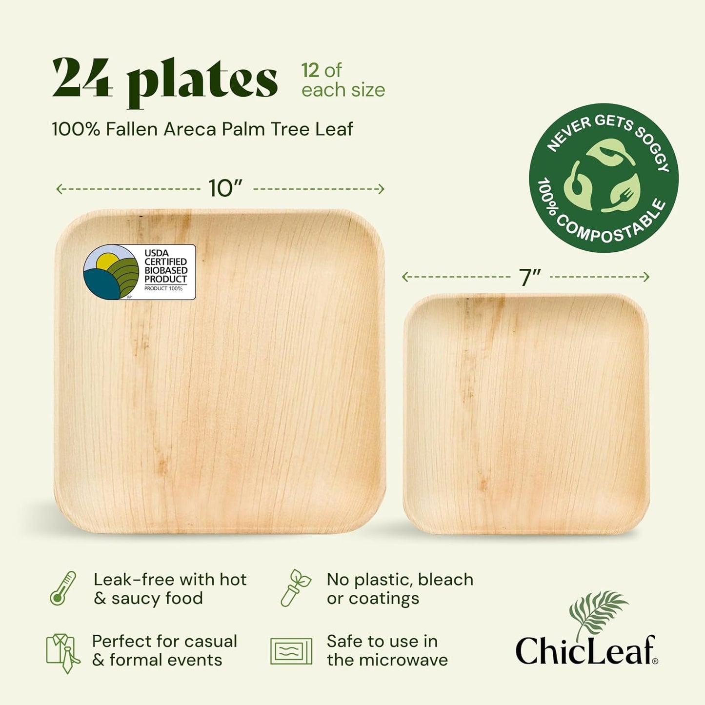 Chic Leaf Square Palm Leaf Tableware - 10" & 7", Pack of 24 - Durable Bamboo Disposable Dinnerware - Eco-Friendly Compostable Plates - Versatile Party & Appetizer Plates
