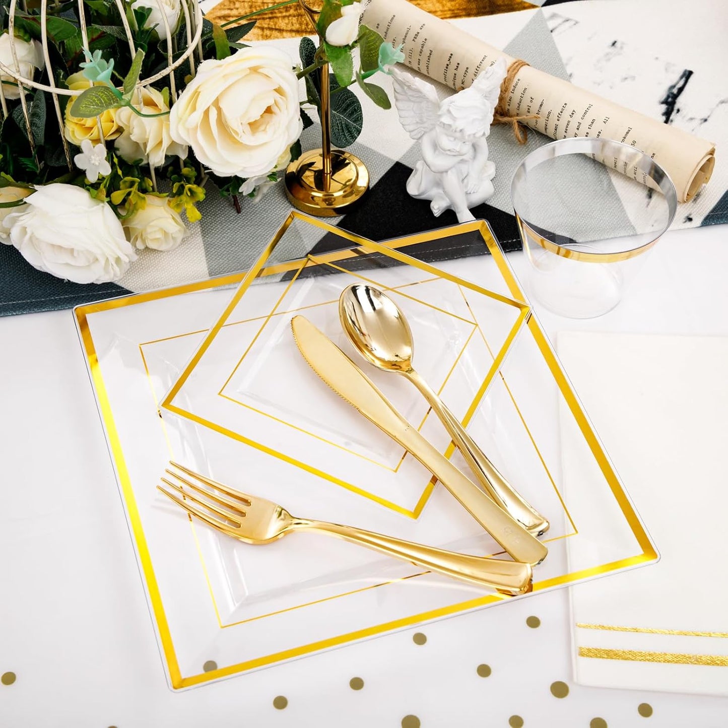 Festiva 176Pcs Clear and Gold Plastic Plates - Square Clear Plates with Gold Trim - Dinnerware Set for 25Guest include Cups Cutlery Napkins for Thanksgiving Party&Wedding&New Year