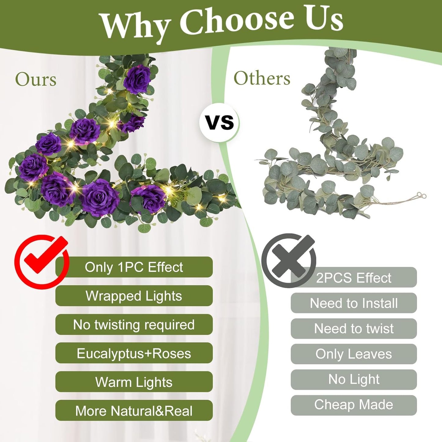 MACTING 4 Pack 26.4FT Eucalyptus Garland with Lights - Spring Gypsophila Flower Garlands with 48 Purple Roses Artificial Floral Greenery Vines for Arch Table Centerpieces Backdrop Party Wedding Decor