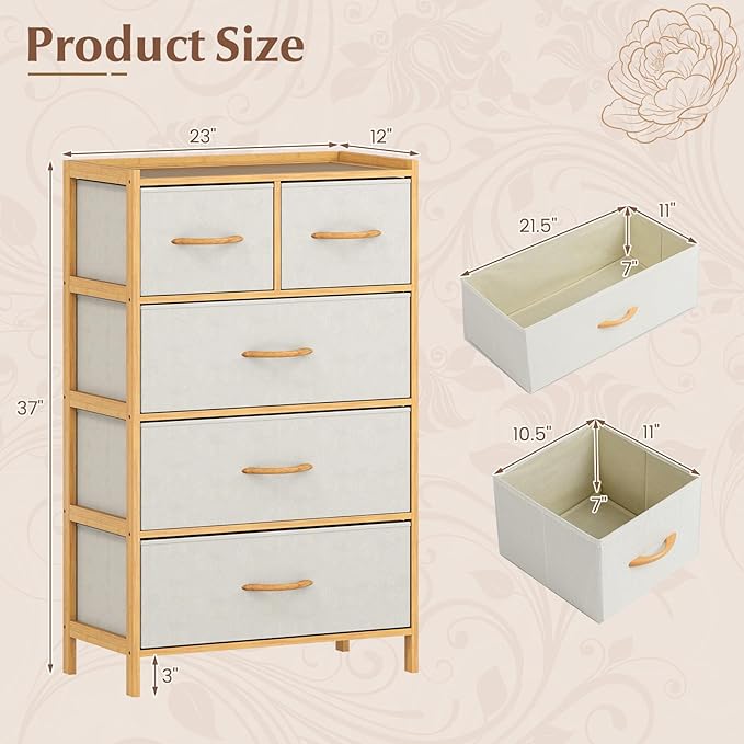 Giantex 5-Drawer Dresser for Bedroom, Bamboo Storage Tower - Image 3