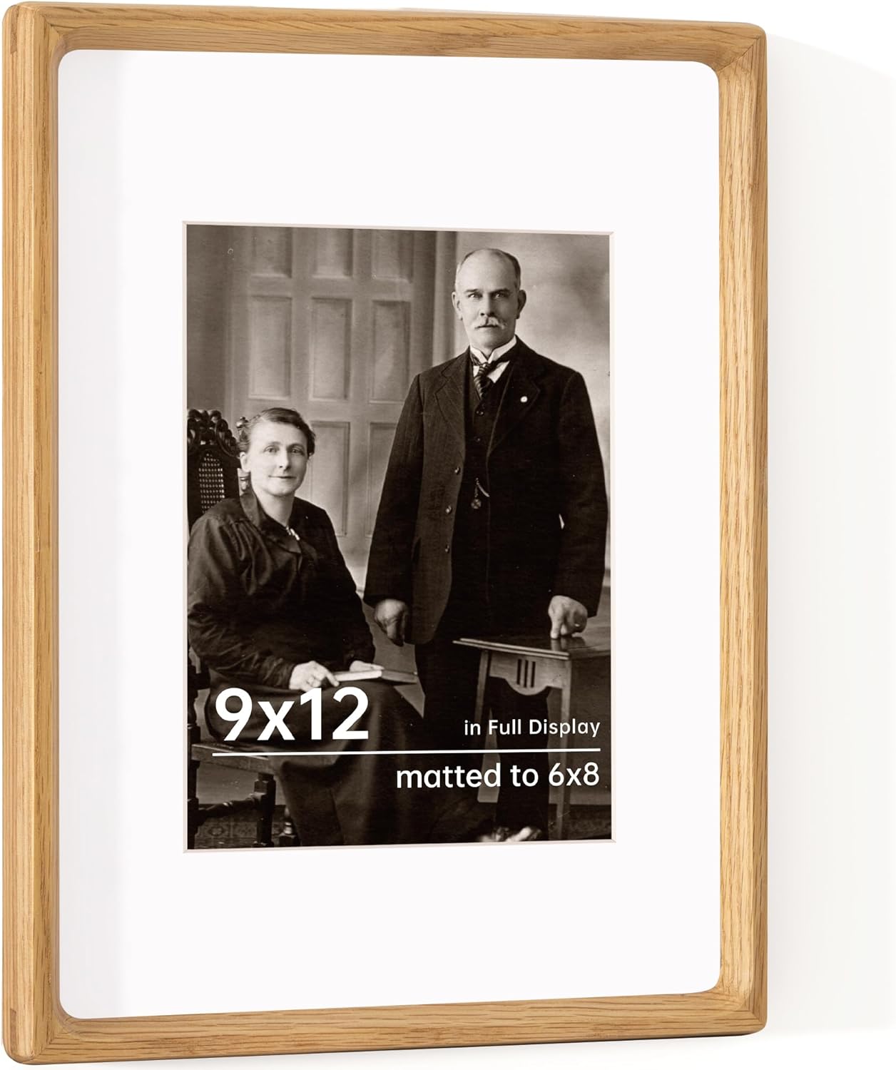 9x12 Picture Frame USA-Sourced Natural White Oak Solid Wood Photo Frame Handcrafted Rounded Corner with Mat to 6x8 Picture Display with Real Glass Family Picture, Certificate