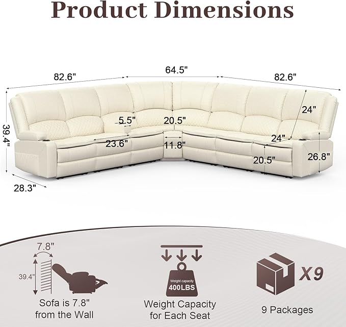 Yolsali Manual Reclining Sectional Sofa Set, 7 Seats Soft Leather Recliner - Image 2
