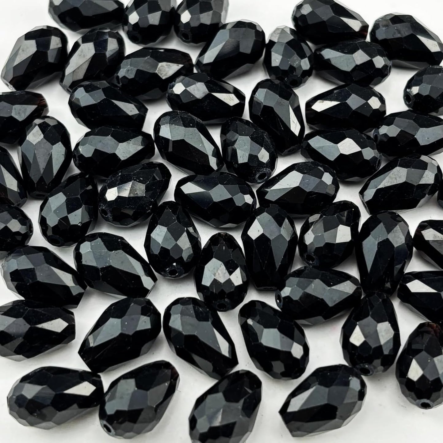 50pcs 10x15mm Teardrop Crystal Glass Beads for Jewelry Making, Faceted Vertical Hole Teardrop Glass Spacer Beads for Wind Chimes Bracelet Earring Necklace DIY Craft(Black)