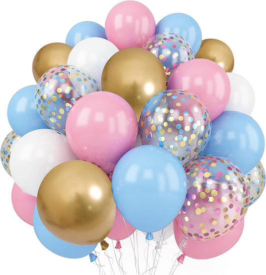 Balloons Pink and Blue, 60 Pack 12 Inch Pastel Light Pink Blue with Metallic Gold Confetti Balloons for Birthday, Gender Reveal, Baby Shower, Boy or Girl Party Decoration