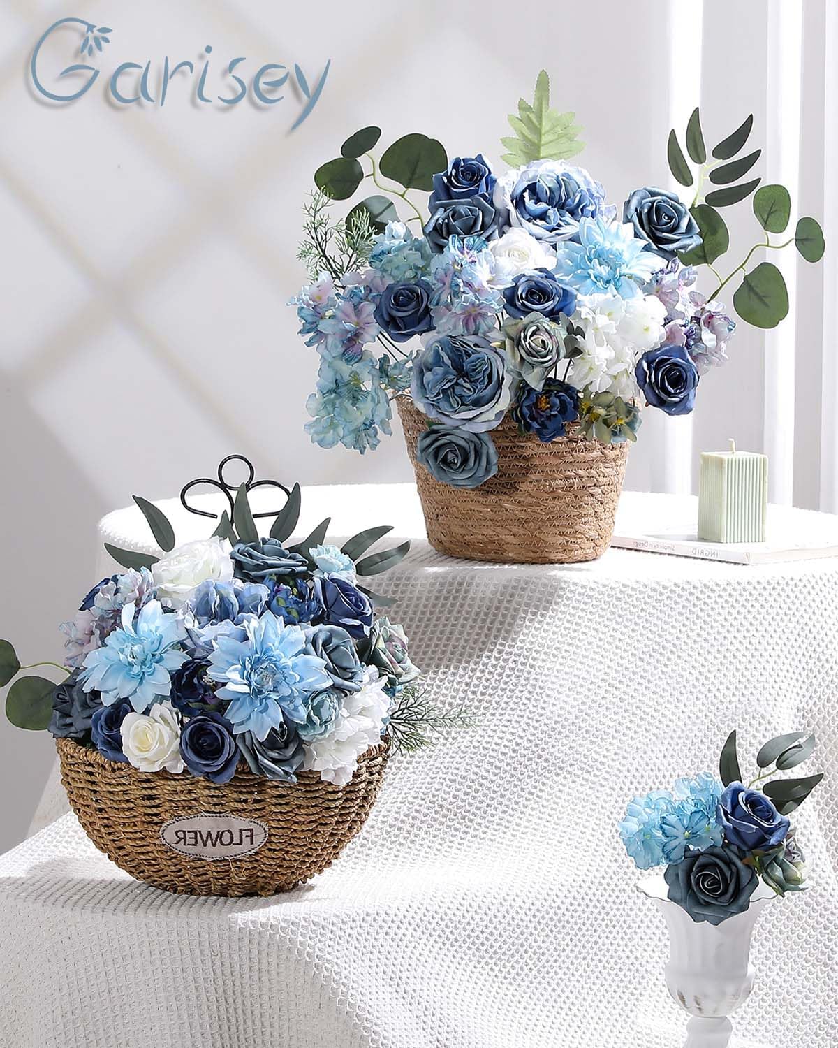 Artificial Flowers Combo Box Set Dusty Blue Flowers for DIY Wedding Bouquet Arrangements Bridal Shower Party Home Decorations(White Blue Rose)