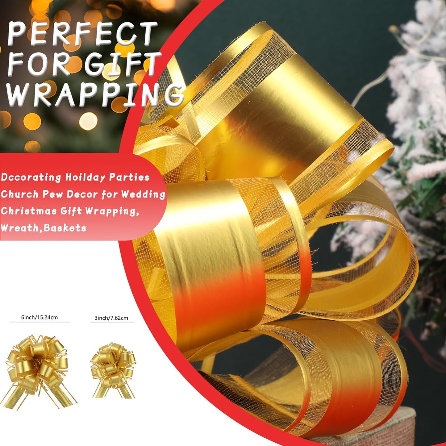 40 Pieces 6 Inches and 3 Inches Pull Bow Wrapping Pull Bow Ribbon Pull Bows for Wedding Baskets,Large Bows for Presents. (Gold)