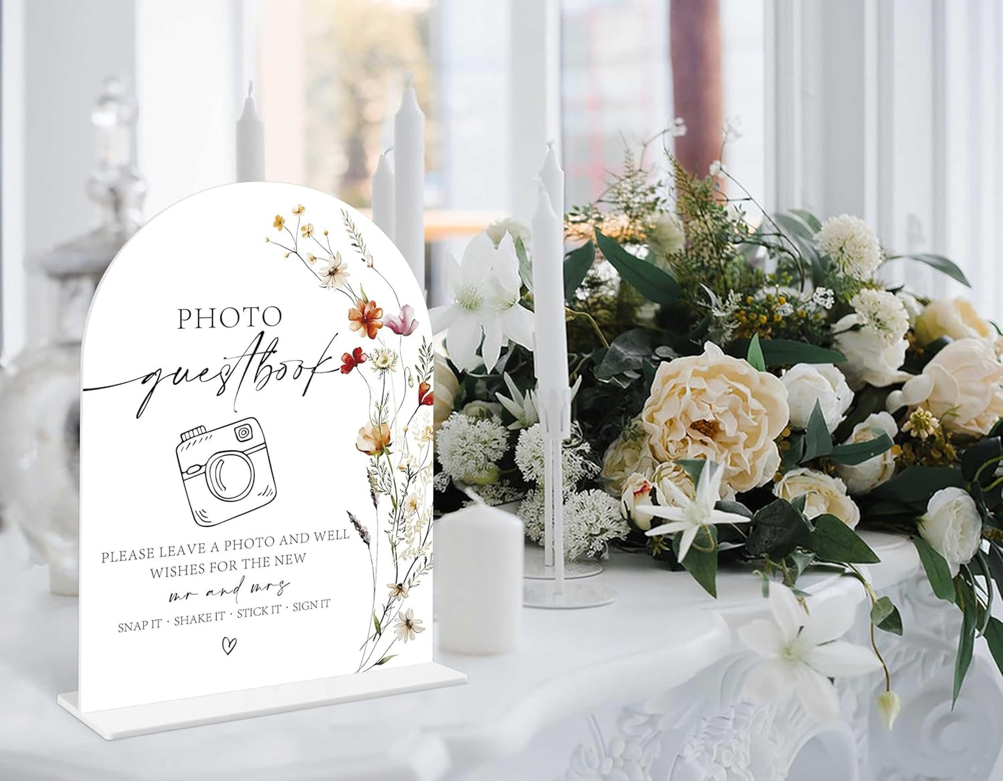 Boho Floral Photo Guestbook Sign, 6 x 8 Inch White Arch Acrylic Wedding Sign with Holder, Wedding Sign for Ceremony and Reception, Wedding Decoration, Wedding Supplies - BX06