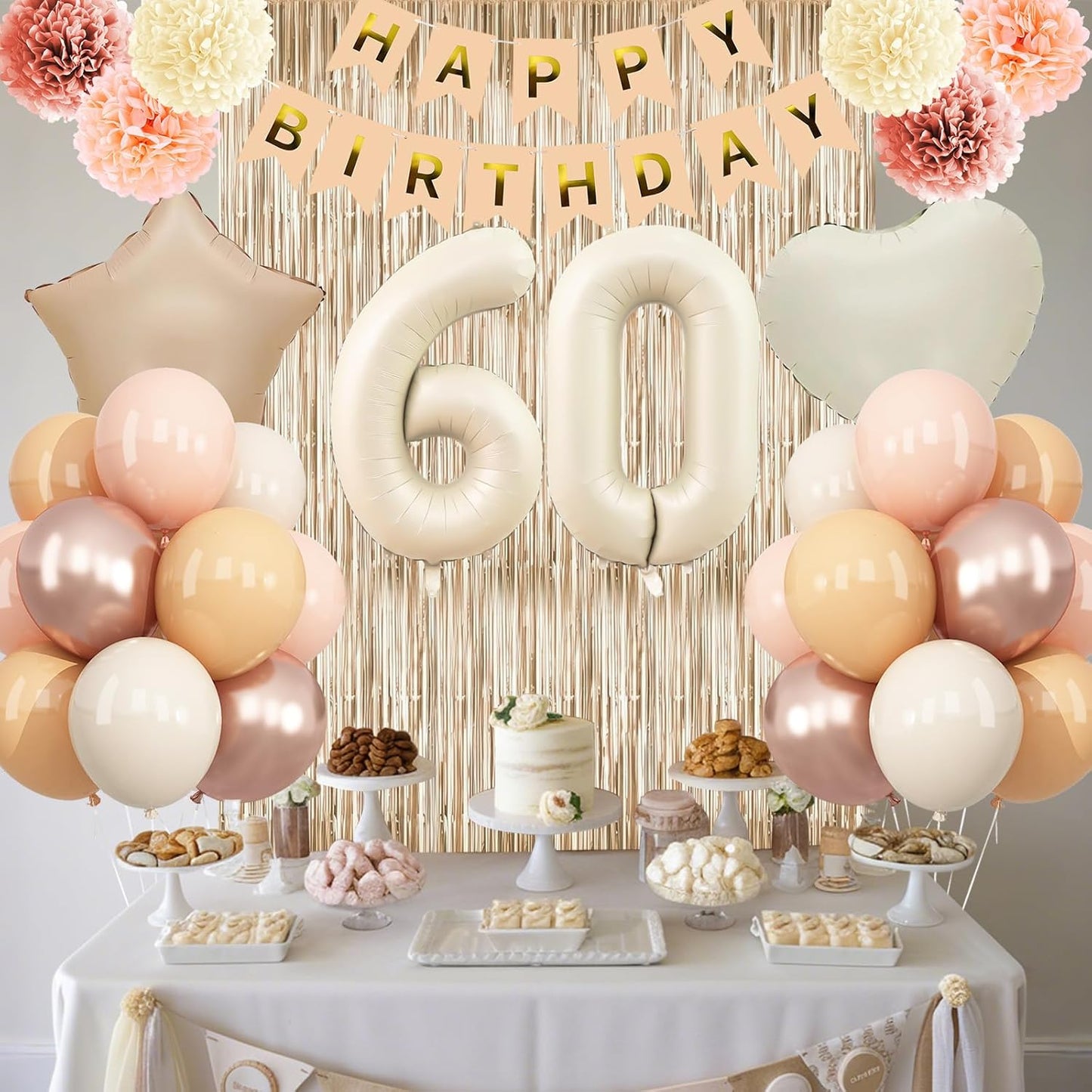 Beige 60th Birthday Decorations for Women Cream Number 60 Balloon Nude Gold Happy Birthday Banner Fringe Curtain Paper Pom Poms Blush White Sand Champagne Star Foil Balloons Neutral Boho Party Decor