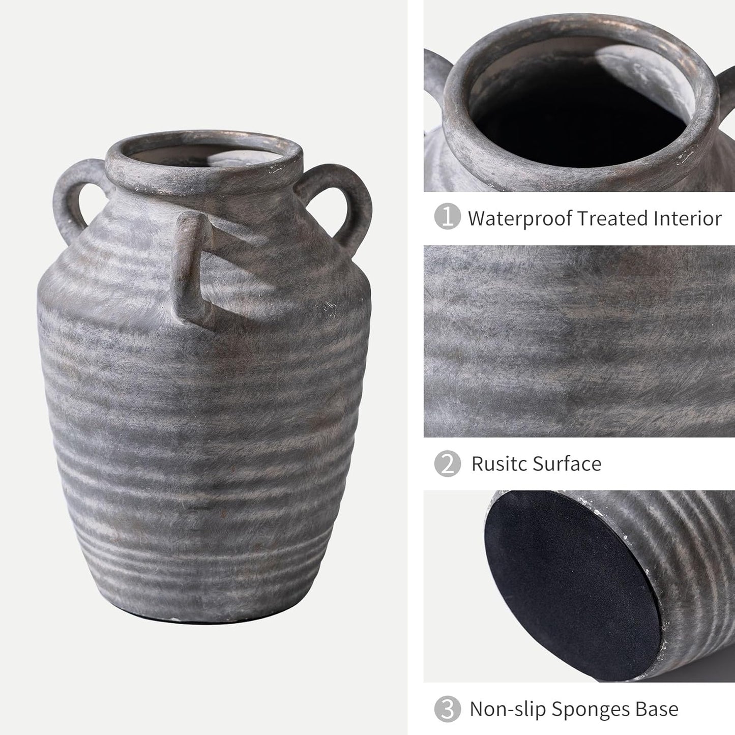 Grey Terracotta Ceramic Vase with Handles, Vintage Rustic Pottery Vases for Table Centerpiece, Cottage Core Home Decor, Large Flower Vases for Bouquet Entryway Mantel Bookshelf Living Room 8.9 Inch