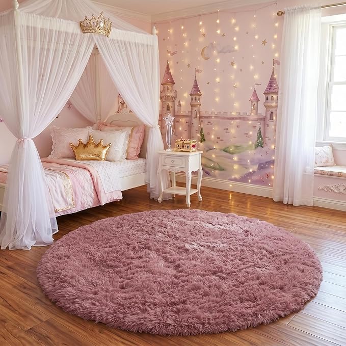 Blush Pink Small Round Rug 3Ft for Kids Bedroom, Fluffy Fuzzy Furry Circle Area - Image 5