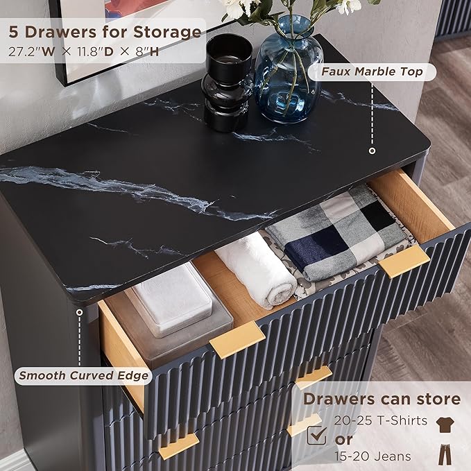 T4TREAM Fluted 5 Drawers Dresser, Curved Profile Design, Wood Drawer Organizer - Image 4