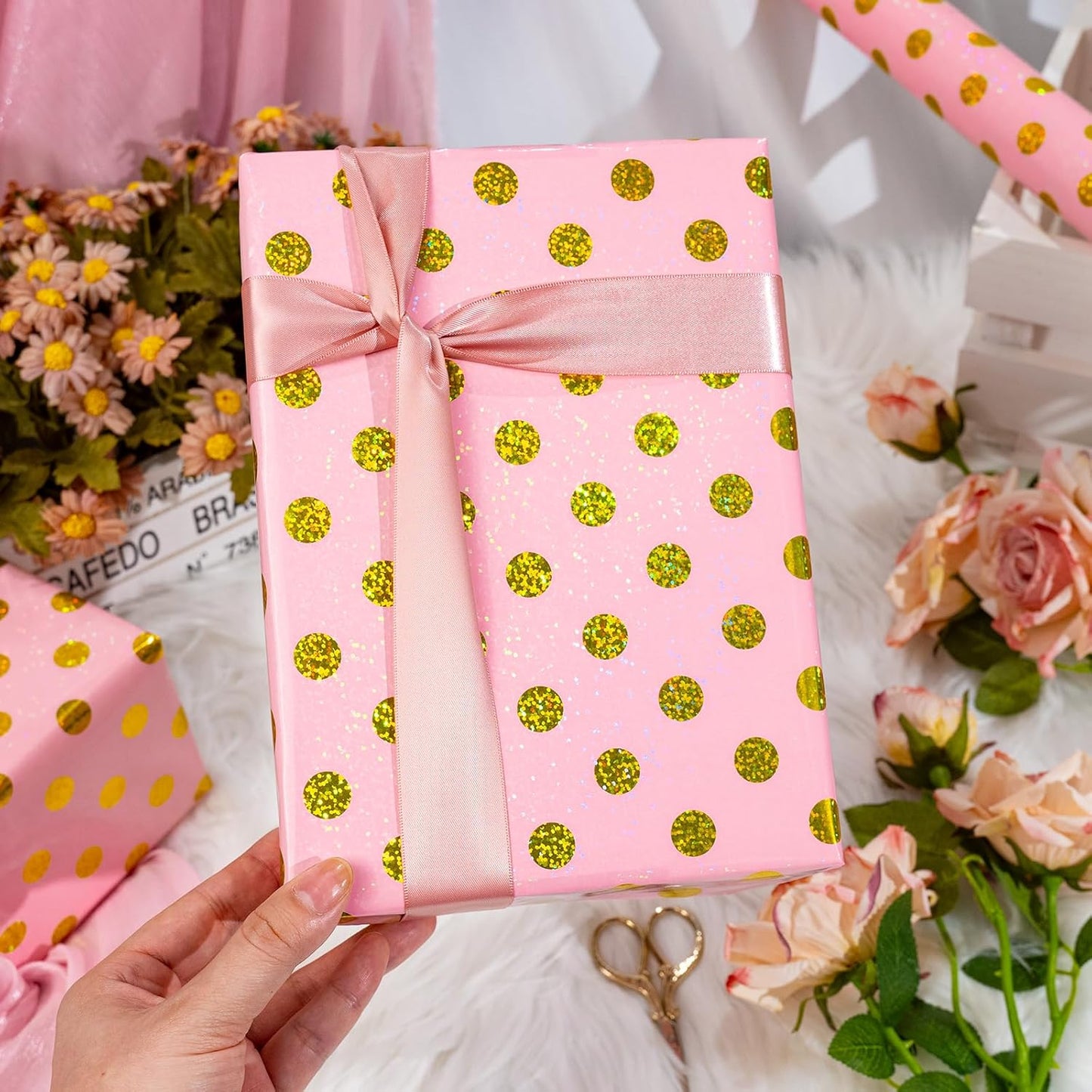 Burymento Pink Holographic Dots Wrapping Paper, Reversible Gold Gift Wrap for Birthday, Valentines, Mothers day, Graduation, Wedding, Fathers day, Baby Shower, Christmas (17in x 16.4ft)