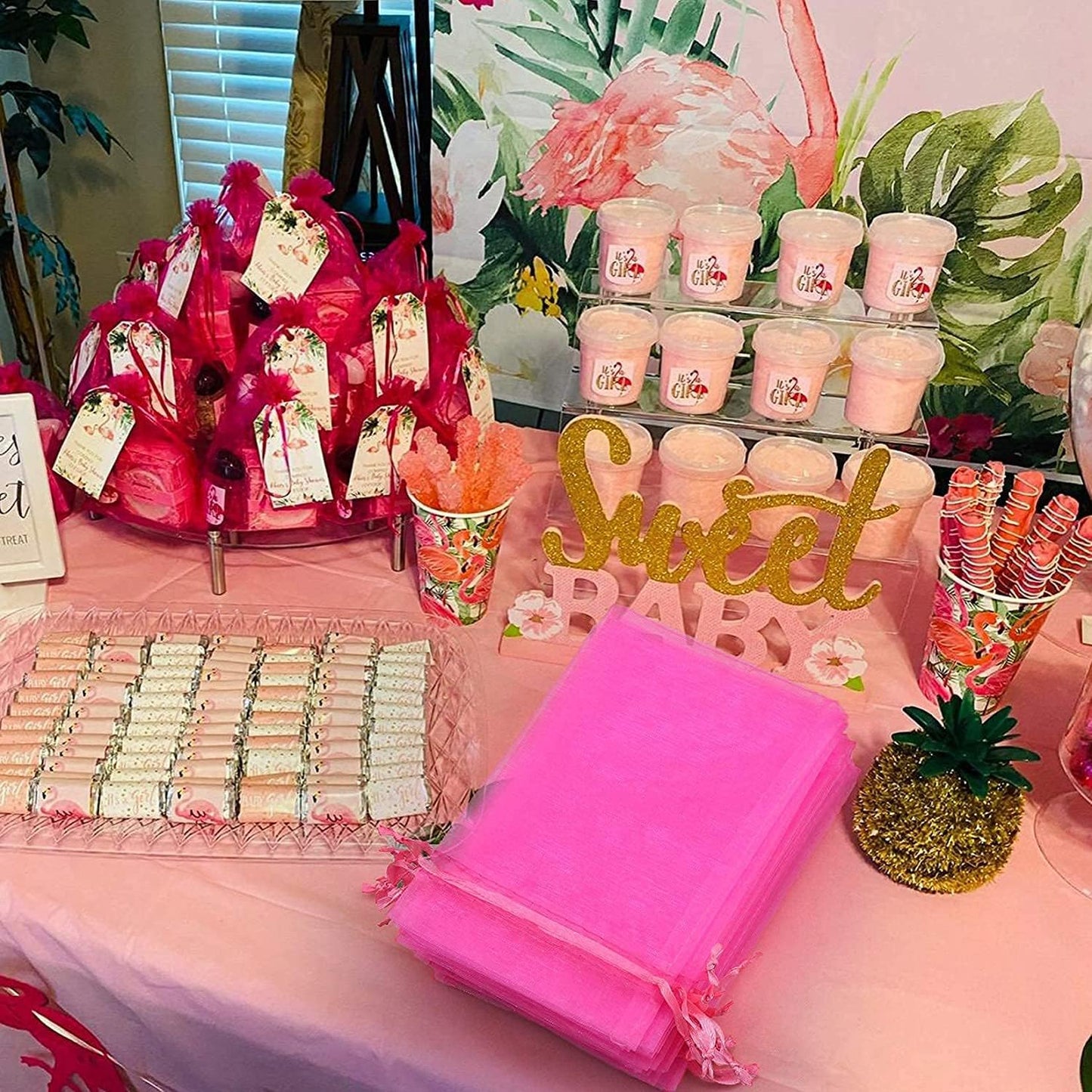 ANZNKU 50 Pack Hot Pink Organza Bags 4 x 6 inch Premium Sheer Drawstring Small Mesh Bags for Candy Jewelry Party Wedding Christmas Favor Gift Bags