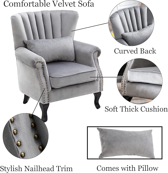 Mid Century Accent Chair Modern Tufted Wingback Armchairs Club Chair Velvet - Image 7