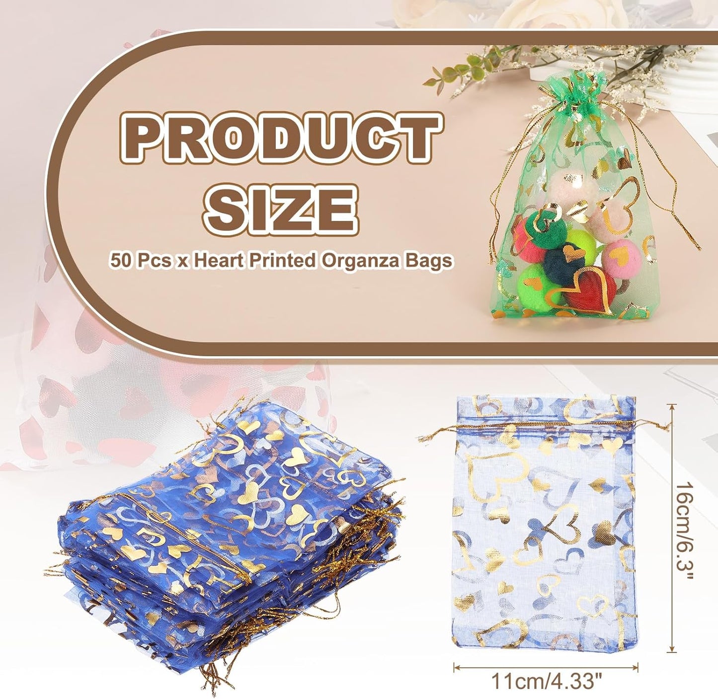 PATIKIL 50 Pcs 4x6 Inch Heart Printed Organza Bags, Navy Blue Sheer Heart Organza Bags with Drawstring for Christmas Candy Jewelry Party Wedding Favor Gift