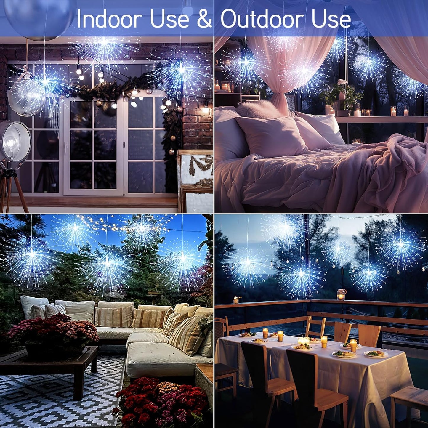 Admitrack Starburst String Lights Christmas Lights, 225 LED 8 Modes Dimmable with Remote Control, Waterproof Copper Wire Decorative Hanging for Party Patio Garden Decoration (White, 4PC)