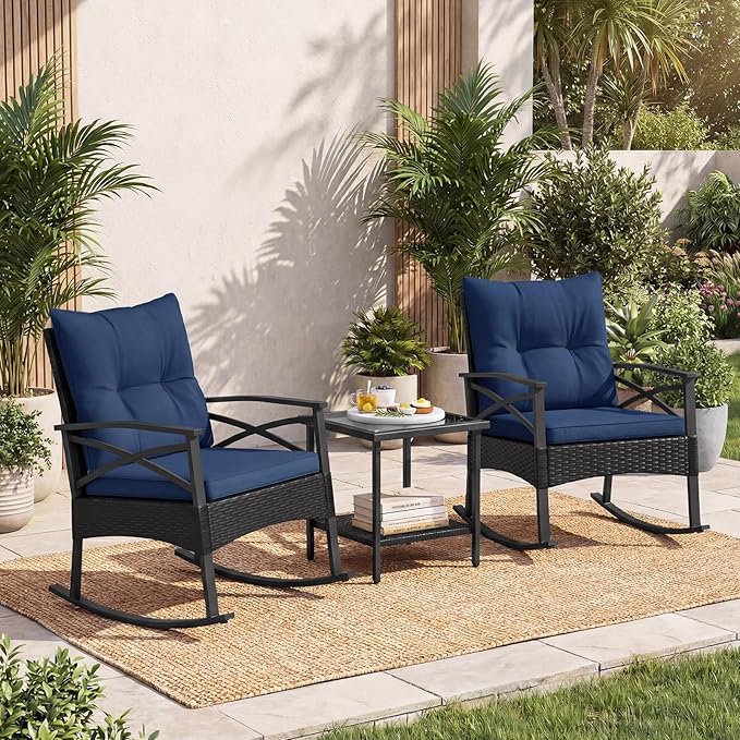 Tangkula 3 Pieces Outdoor Rocking Chairs Set, Rattan Heavy Duty Cushioned - Image 2