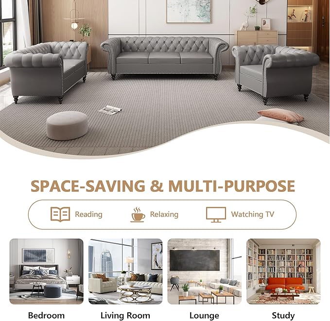 QHITTY 3 Piece Living Room Set, Sectional Chesterfield Sofa Chair Contemporary - Image 6