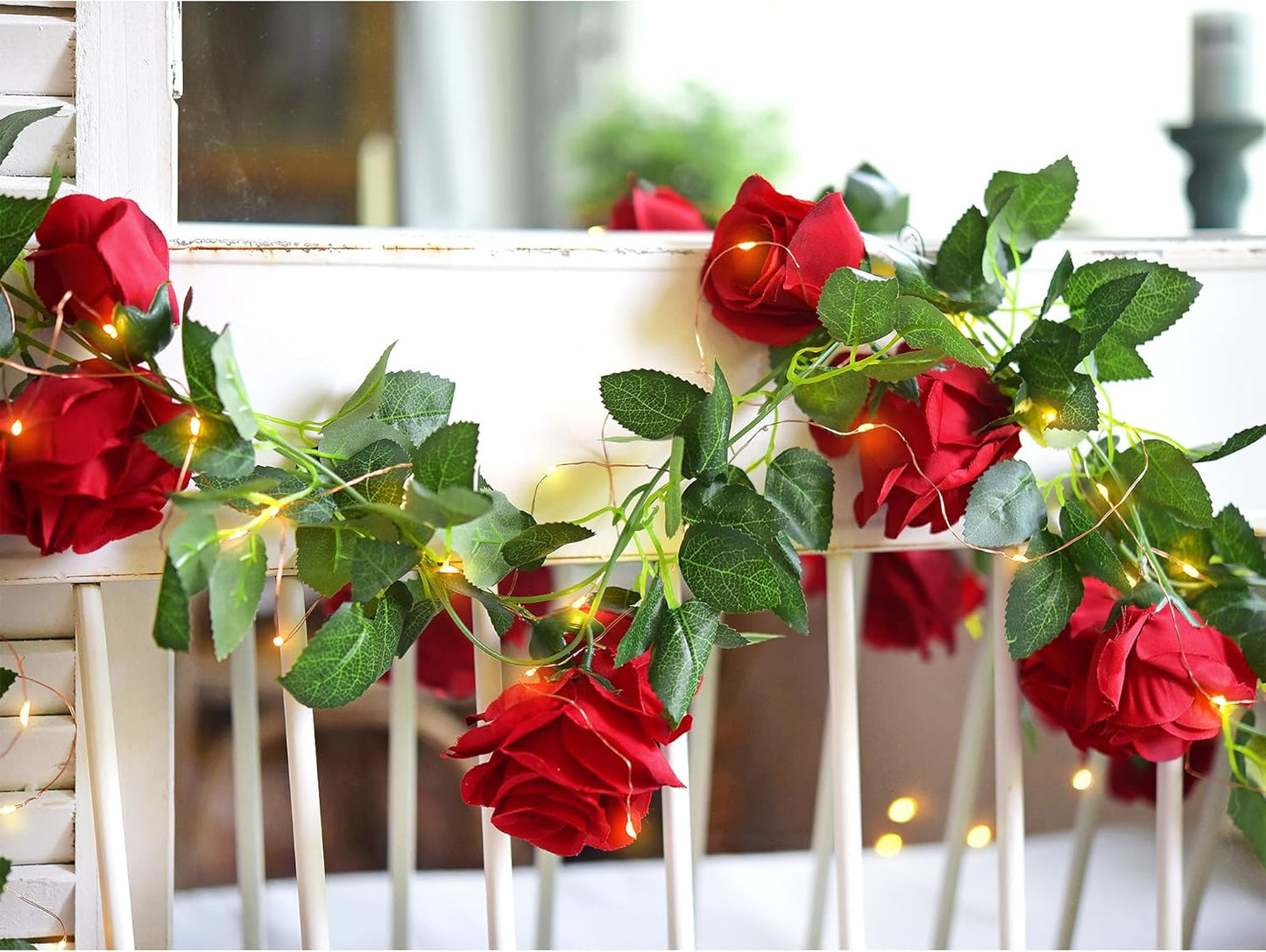 FiveSeasonStuff 29 Ft 4 Pack Christmas Red Rose Silk Flower Garland Artificial Flowers Decoration Hanging Floral with 66 feet String Lights