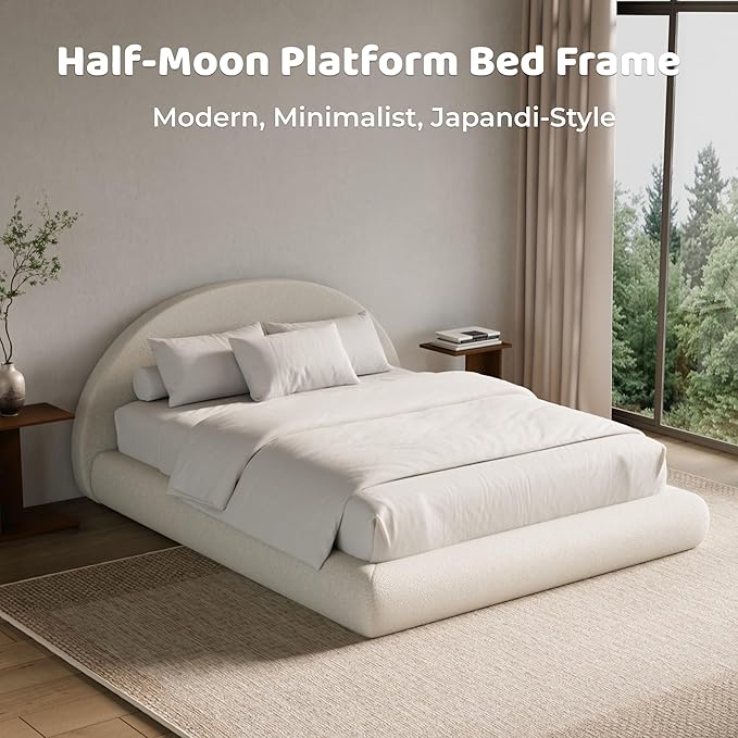 RECCI AirFrame Half-Moon Upholstered King Platform Bed Frame, Boucle Curved - Image 6