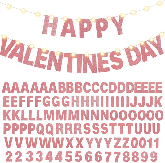 TaoBary 112 Pcs DIY Letter Custom Banner Glitter Customizable Banner Kit Including 107 Letters and Numbers 3 Rope for Valentine Birthday Party(Rose Gold)