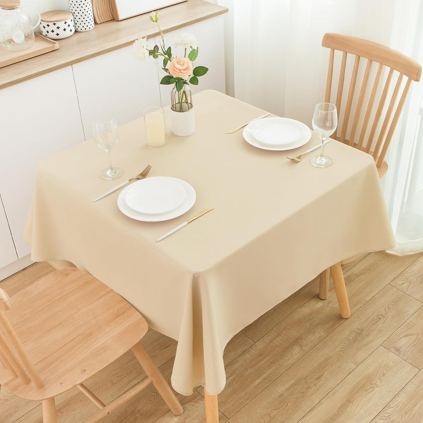 2 Pack Square Table Cloth 70X70 Inch Beige Washable Fabric Tablecloth Polyester Solid Dining Table Cover for Birthday Party Dinner Holiday Outdoor Indoor
