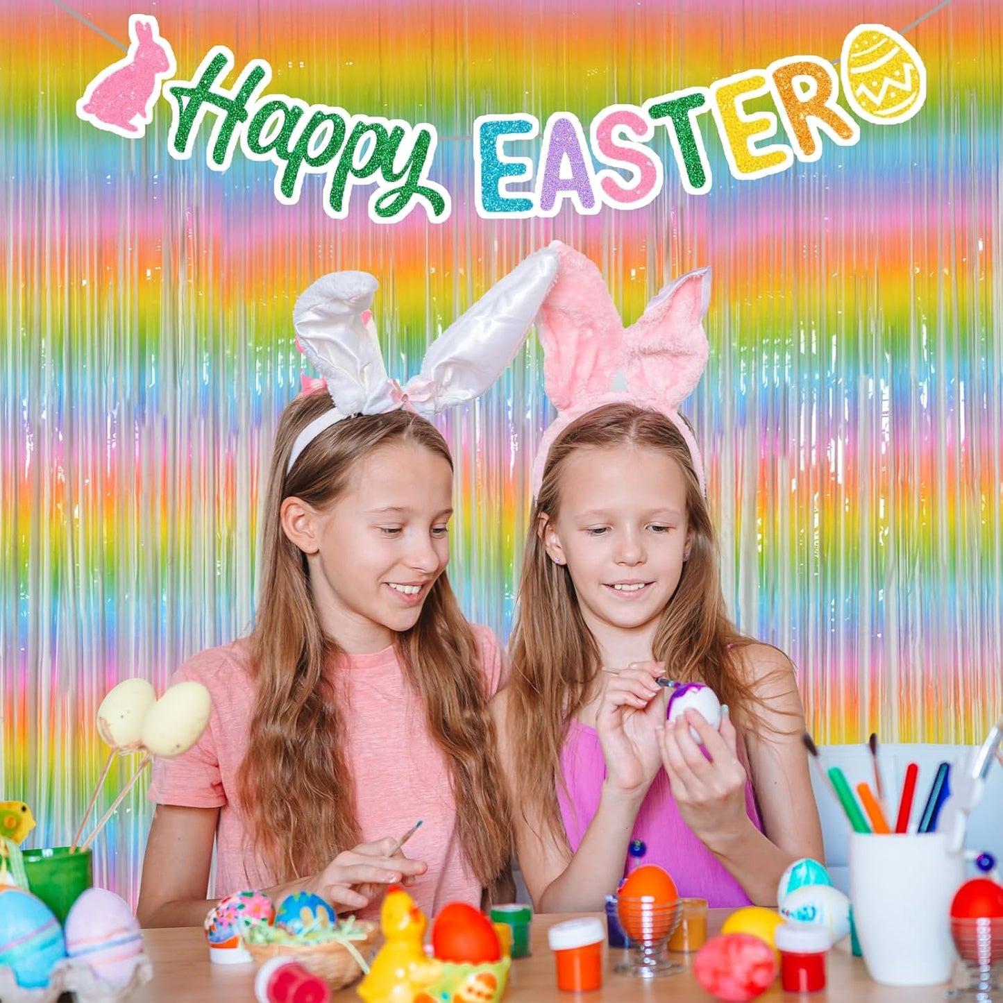 Melsan 2 Pack 3.2 ft x 8.2 ft Pastel Tinsel Foil Fringe Curtains Backdrop, Metallic Rainbow Foil Curtains for Easter Party Decorations Party Photo Booth Props Decoration (Rainbow)