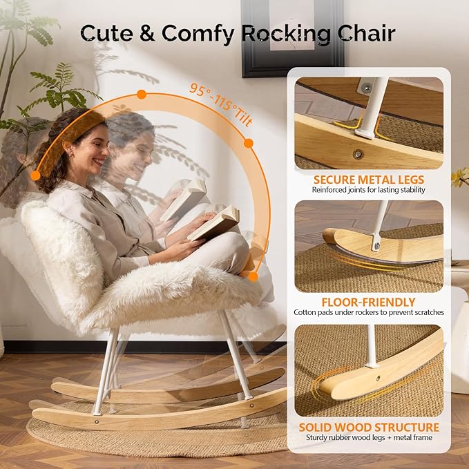 VINGLI 25.6" Extra Wide Criss Cross Nursery Rocking Chair, Cute Curved 115° - Image 4