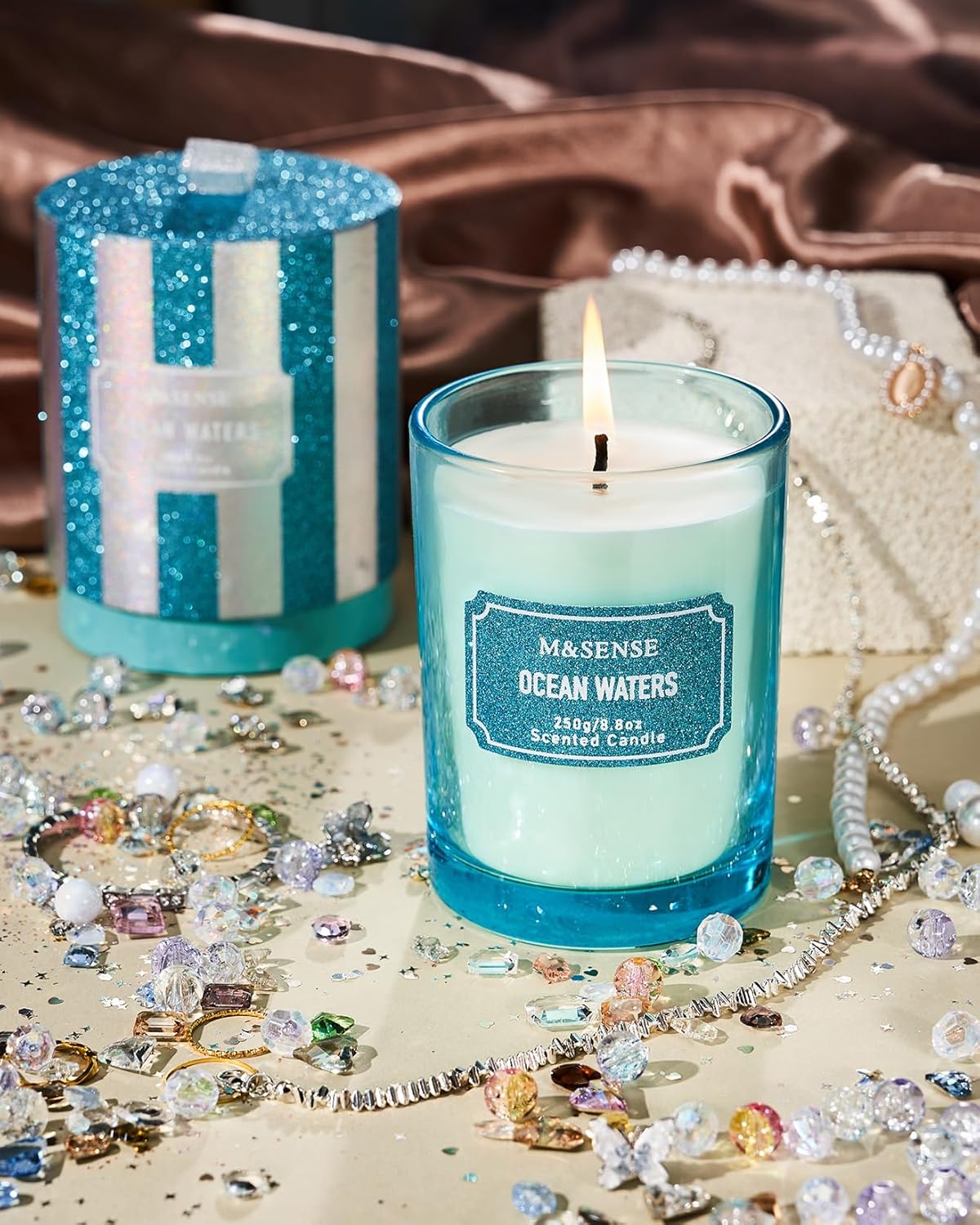 M&SENSE Ocean Scented Glitter Jar Candles, Holiday Gifts for Women - Strong Scented Natural Soy Candle for Winter Home Decor, 50 Hour Burn Time