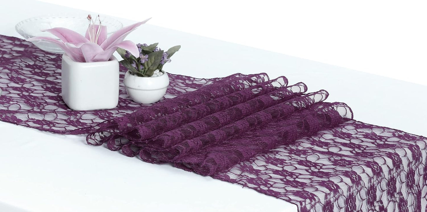 MDS Pack of 10 Wedding 12 x 108 inches Lace Table Runner for Wedding, Decorations for Birthday Parties, Banquets, Graduations, Engagements, and Runners fit Rectangle, Round Table- Plum