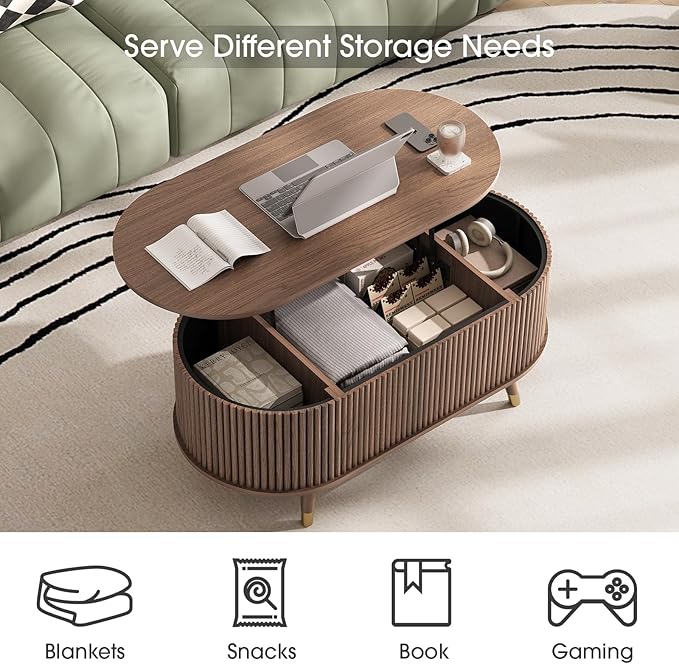 SULIVES Oval Coffee Table with Storage, Small Fluted Center Table - Image 3