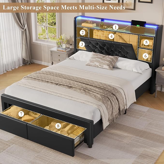 Queen Bed Frame with Drawers, Hidden-Cubby & Shelves Storage Headboard with - Image 6