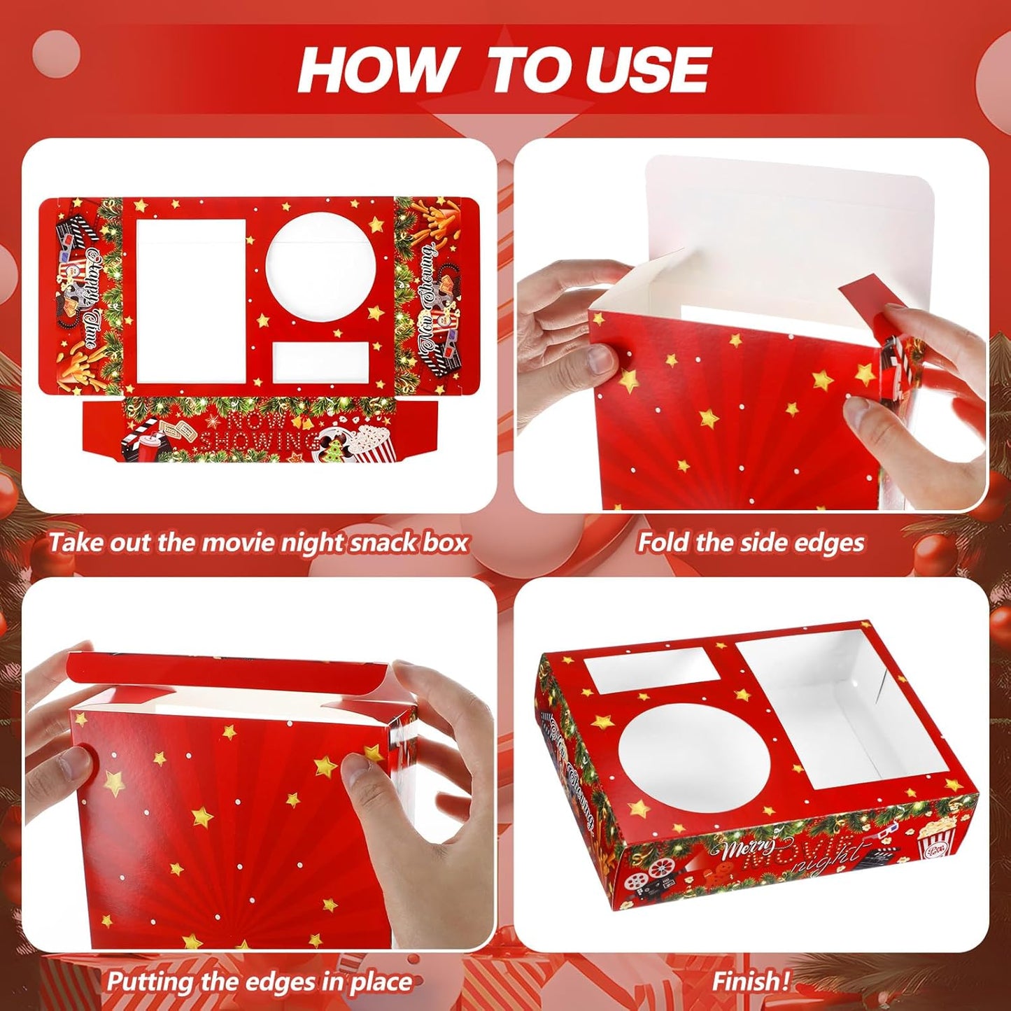 Faccito 36 Pcs Movie Night Snack Trays Movie Theater Snack Boxes Night Supply Disposable Paper Holder Tray for Popcorn Food Candy Drink Party 8 x 6 Inch(Red Green,Holly Style)