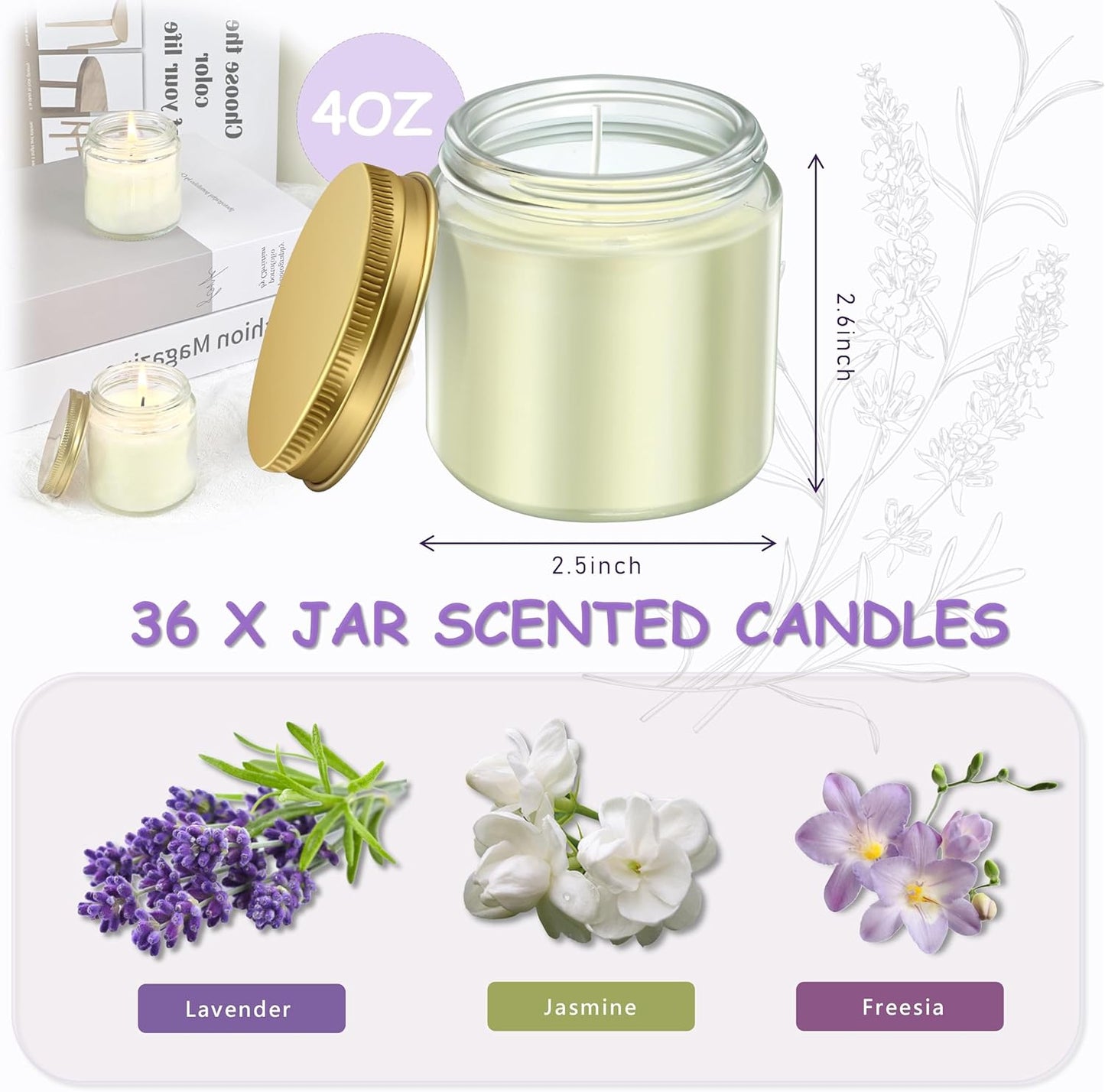 ACITHGL 36 Pcs 4oz Mini Mason Jar Candles Small Scented Candles Bulk Aromatherapy Ideal Souvenir Favors for Wedding Birthday Party (Freesia, Lavender, Jasmine, Gold)