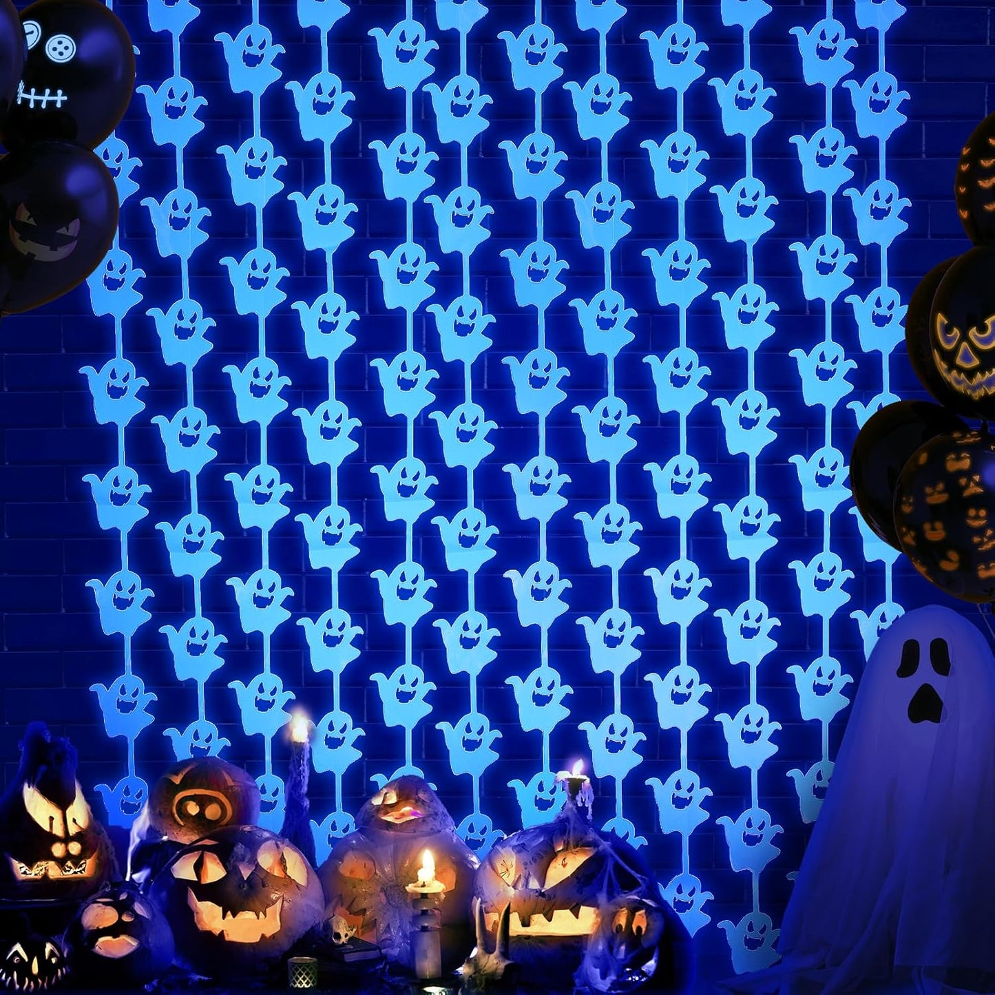 Neon Halloween Party Decorations, 2 Pack Glow in The Dark Party Supplies 3.3 x 6.6 ft Fluorescent Blue Ghost Curtains, Photo Booth Prop Backdrop Streamer, Halloween Birthday Party Decor