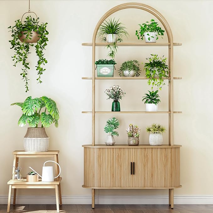 79" Tall Arched Bookshelf with Sliding Tambour Doors, Mid Century Modern Curved - Image 4