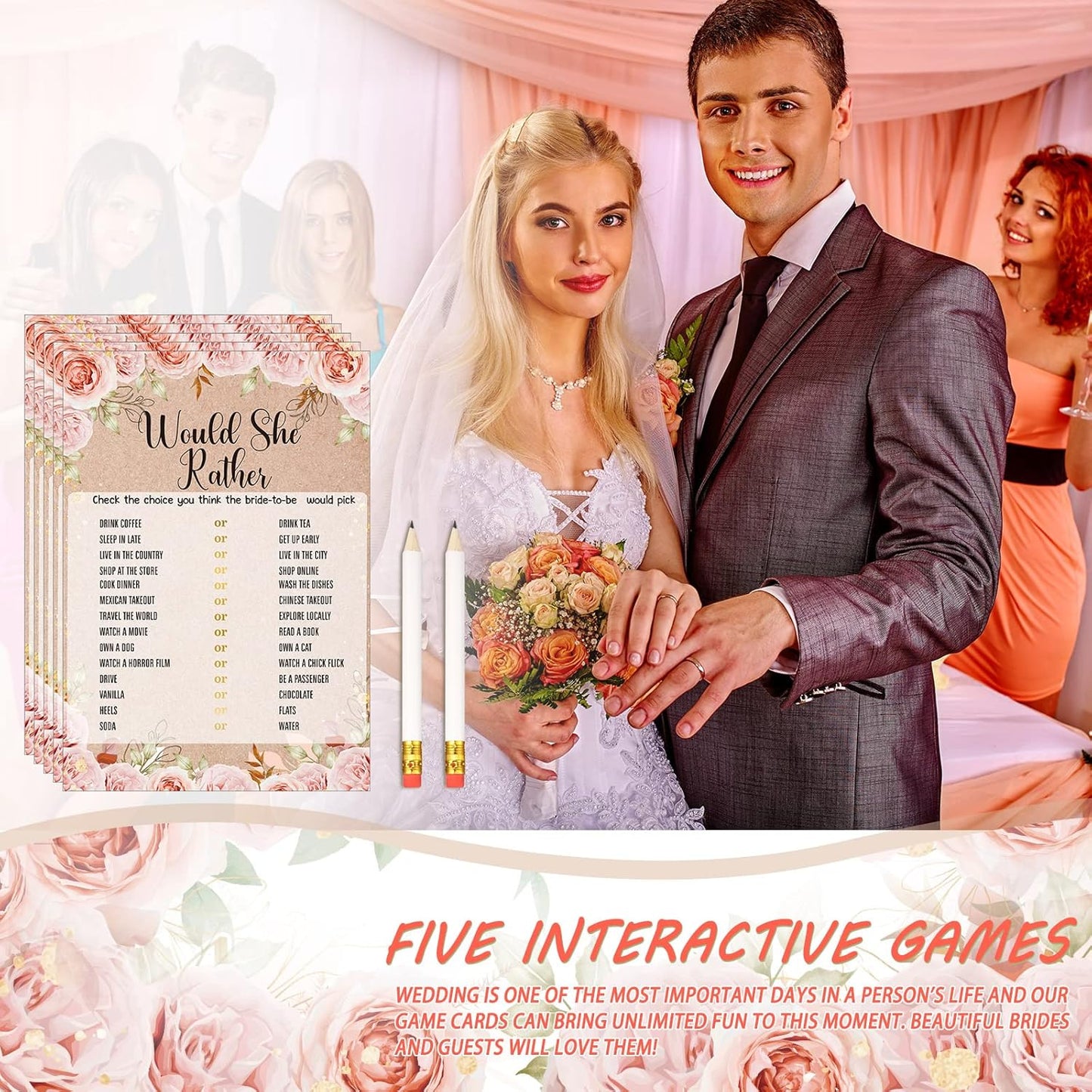 Teling 145 Pieces Bridal Shower Game Bridal Shower Favors Set Wedding Games Cards and Pencils for Bride Groom Bachelorette Party Wedding Party Favor(Rose Style)