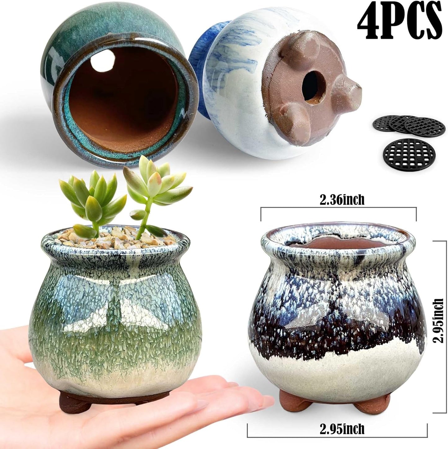 3 inch Glaze Handcraft Ceramic Pot Set, Small Cactus Planter with Drainage, Mini Cactus Pots Desk Shelf Decor, Cute Set of 4 Succulent Planter Pots