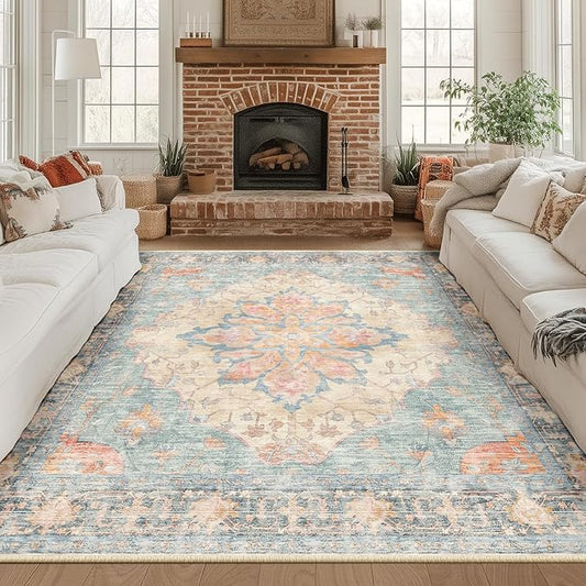 RELEANY Area Rugs Square 8ft Washable Non-Slip, Floral Vintage Distress Print by RELEANY