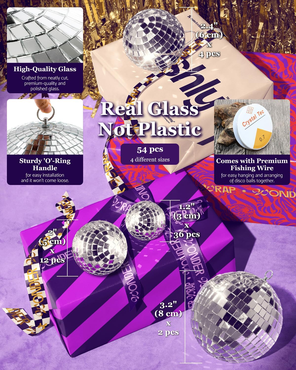 54PCS Mirror Disco Balls Set with 10m Fishing Line – Assorted Sizes Hanging Mini Silver Balls for Party, Wedding, Cake Toppers, Room & Classroom Decor